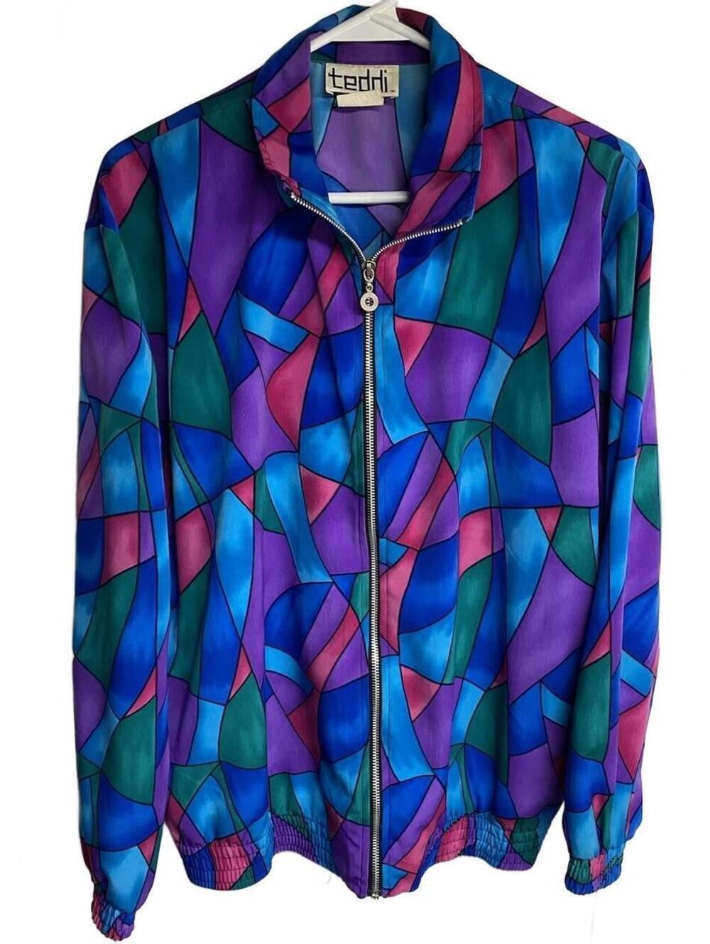 Vintage TEDDI  Zip up Jacket size Large/Medium Geometric Colorblock 80s 90s Coat